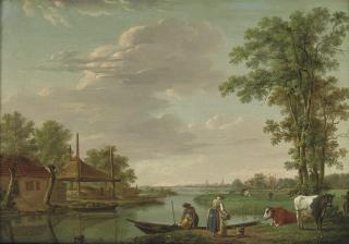 Johannes Janson - A river landscape with figures by an embankment
