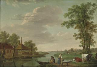 Johannes Janson - A river landscape with figures by an embankment