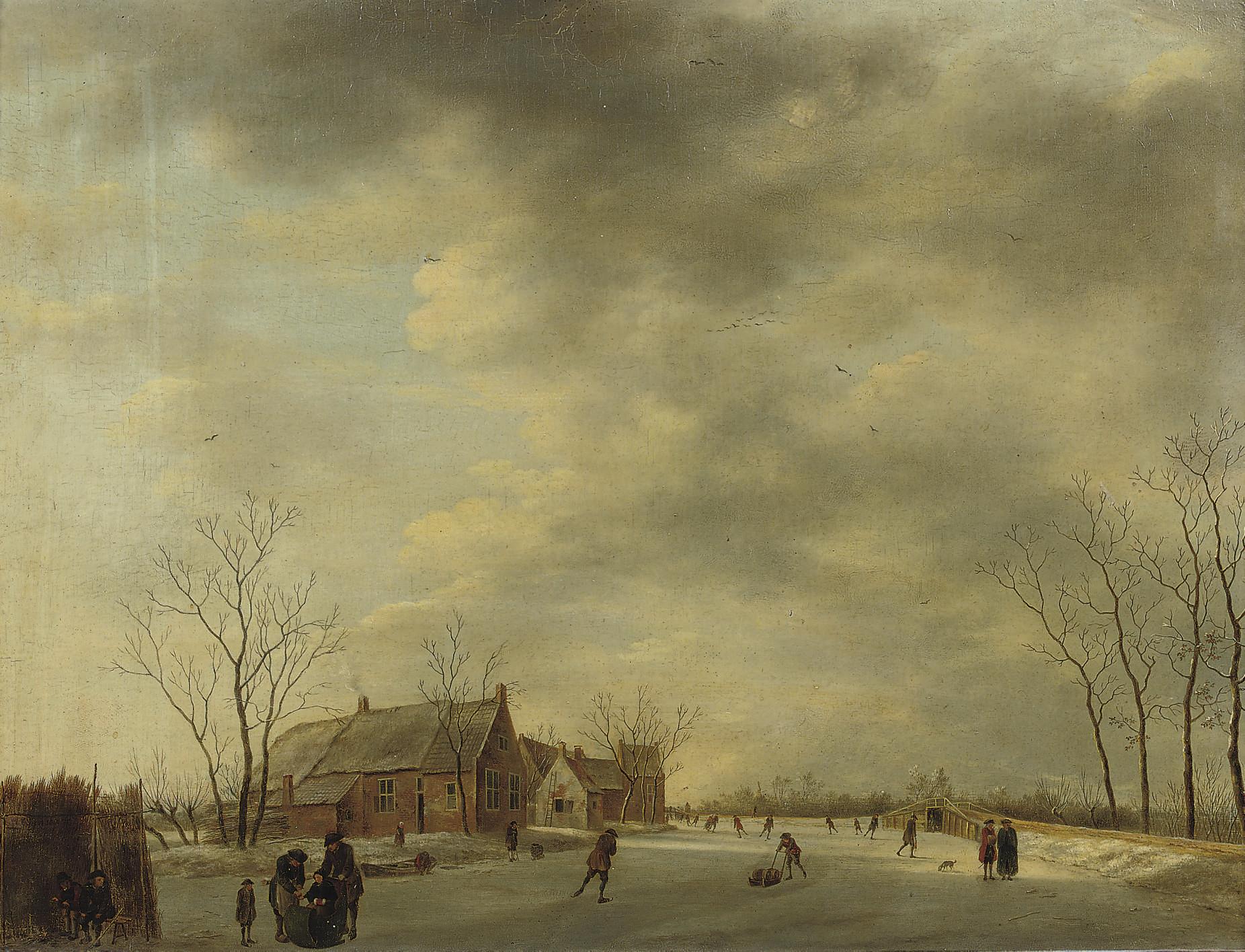 Johannes Janson - A winter landscape with figures skating and sleighing on a frozen river, a bridge and houses nearby