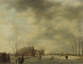Johannes Janson - A winter landscape with figures skating and sleighing on a frozen river, a bridge and houses nearby