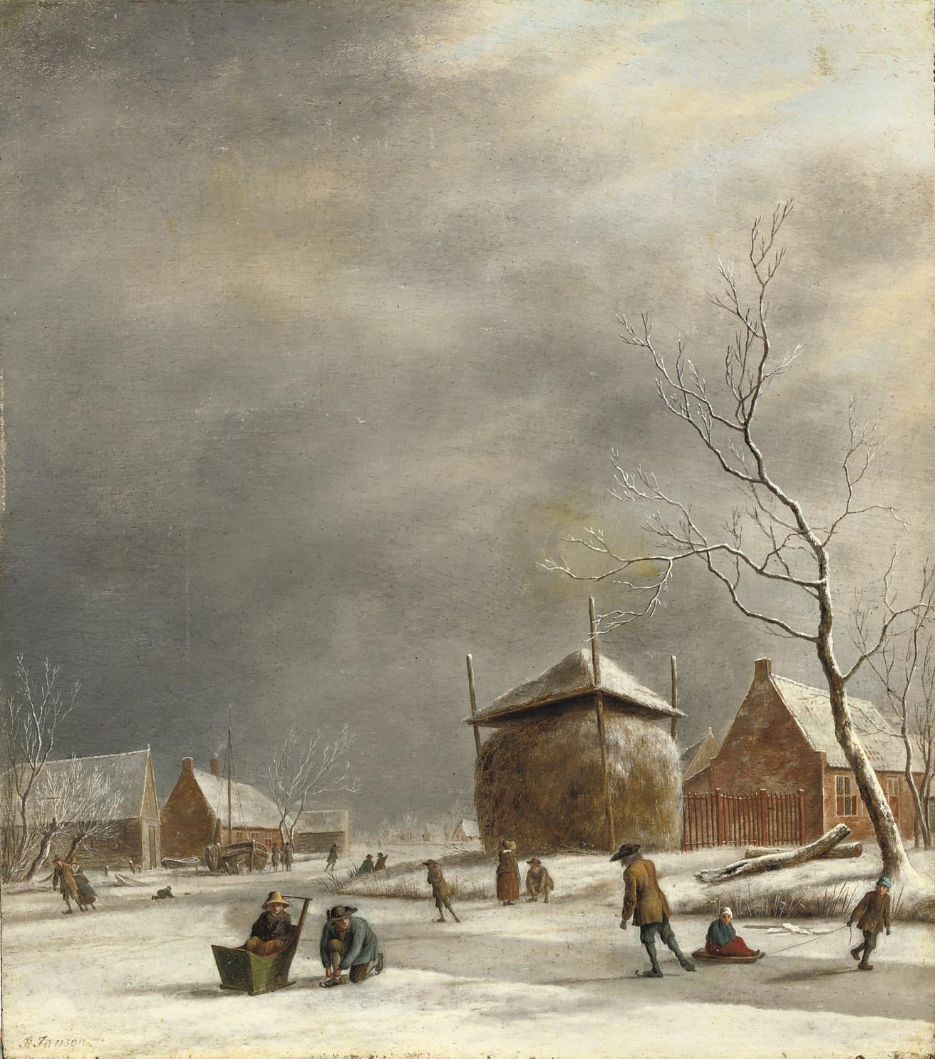 Johannes Janson - A winter landscape with skaters on a frozen river near a haystack
