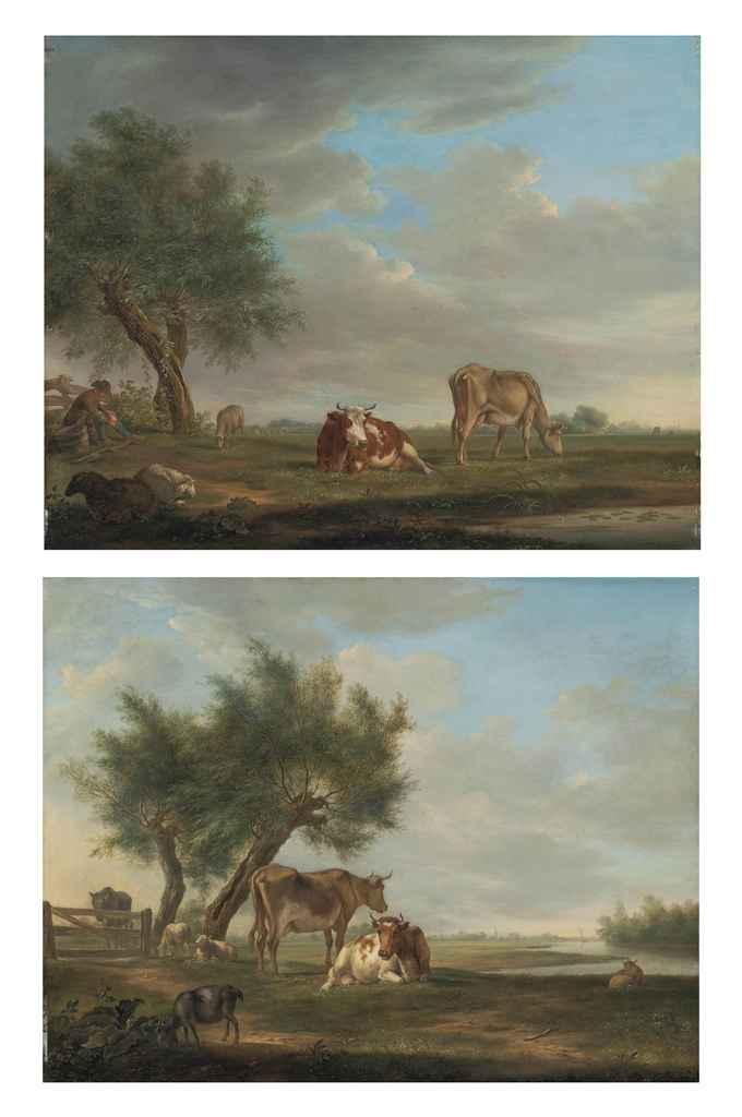 Johannes Janson - A wooded landscape, a shepherd with sheep and cattle by a pond; and A wooded, river landscape with cattle, sheep and a goat