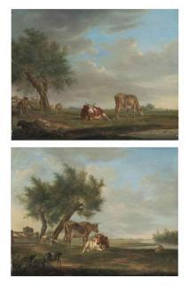 Johannes Janson - A wooded landscape, a shepherd with sheep and cattle by a pond; and A wooded, river landscape with cattle, sheep and a goat
