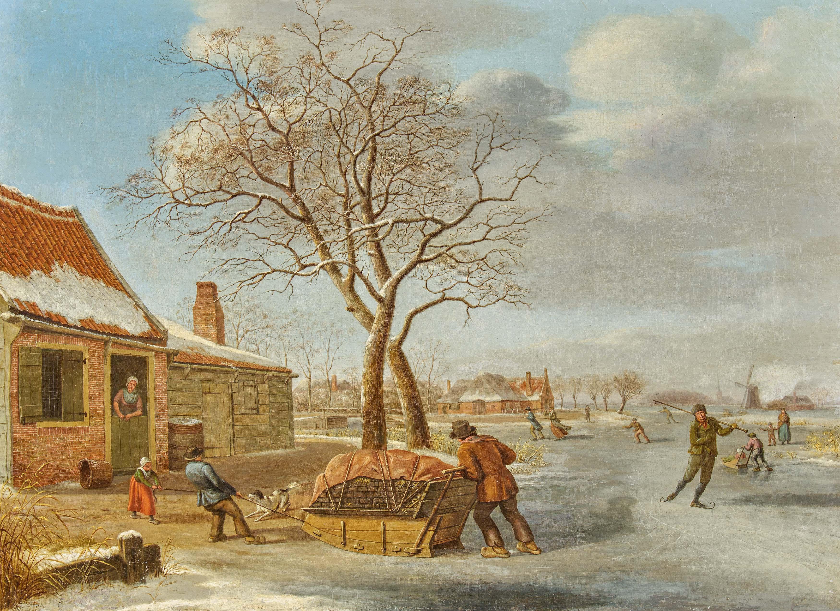 Johannes Janson - Holländische Winterlandschaft mit Personen auf dem Eis.
