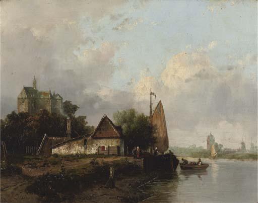 Johannes Josephus Destree - A ship moored near a Dutch town