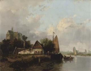 Johannes Josephus Destree - A ship moored near a Dutch town