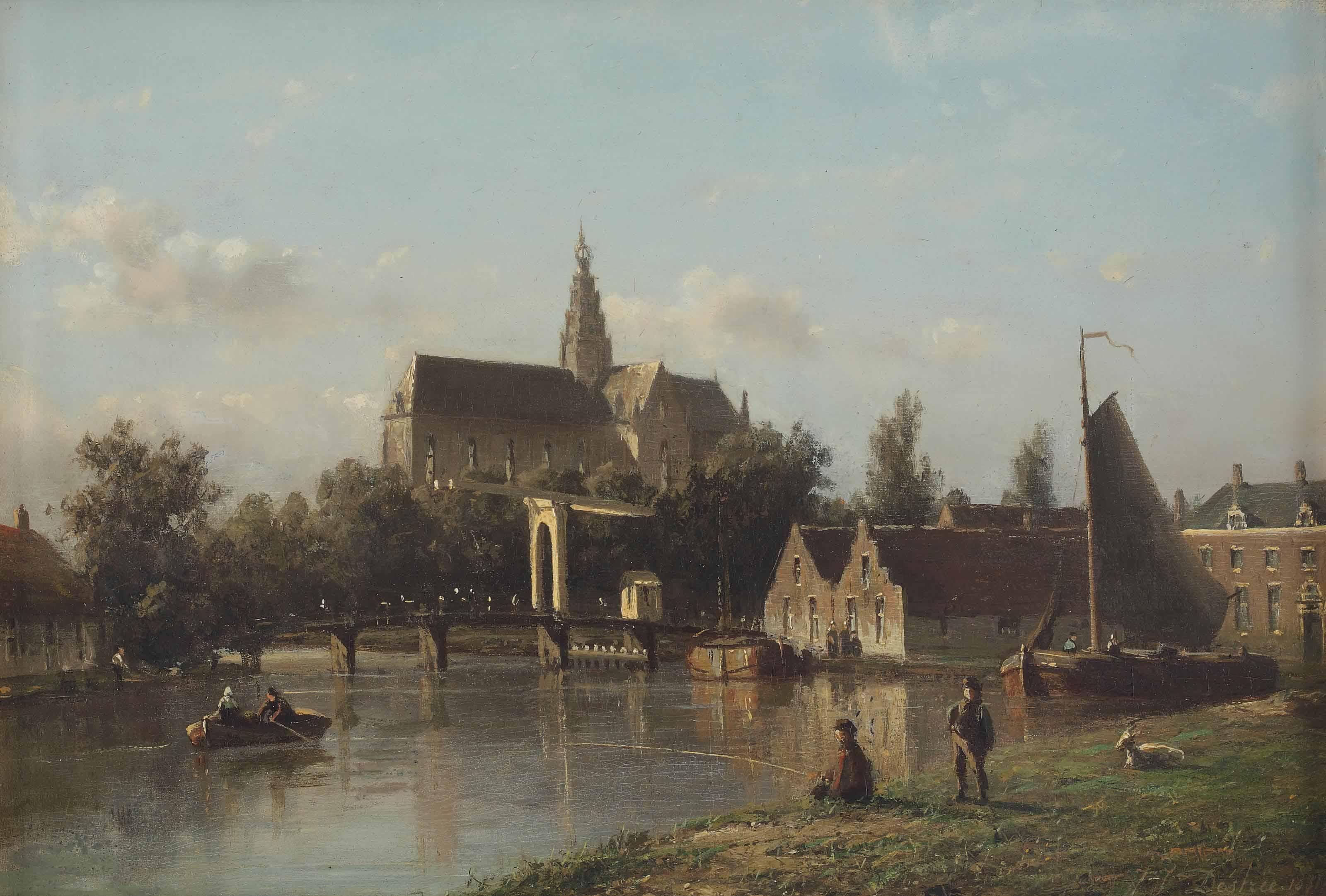 Johannes Josephus Destree - Gezigt op Haarlem gezien van \'t Spaarne: a view of Haarlem