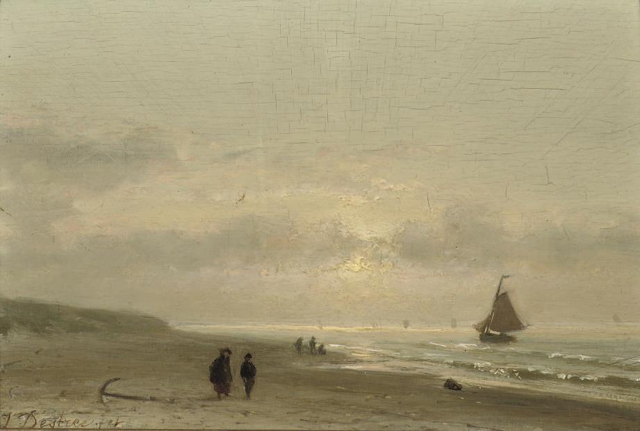 Johannes Josephus Destree - On the beach by sunset