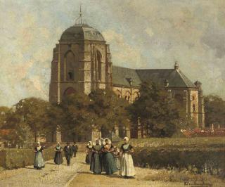 Johannes Karel Christiaan Klinkenberg - Kerkgangers in Zeeuwse klederdracht bij de Grote Kerk in Veere