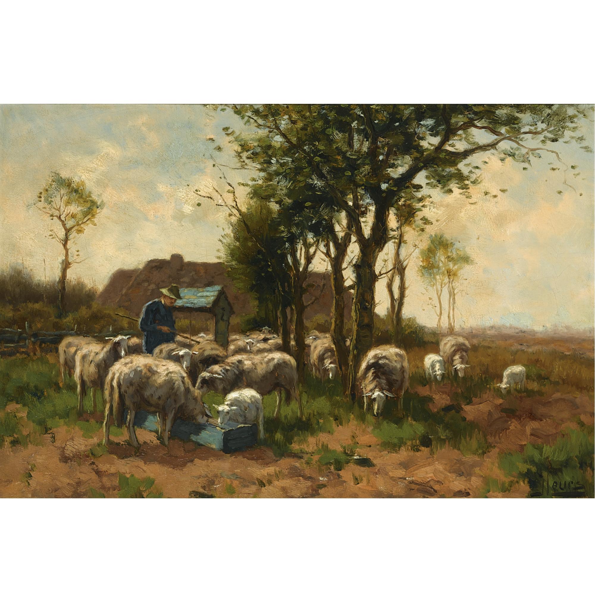 Johannes Karel Leurs - A Flock Of Sheep Grazing And Drinking