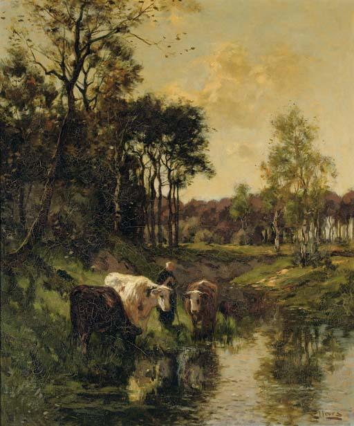 Johannes Karel Leurs - Watering cows by a forest