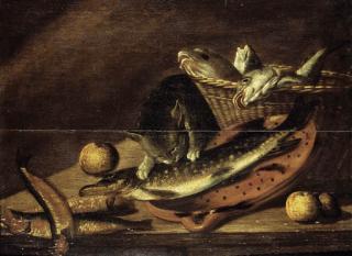 Johannes Kuveenis I - A cat eating from a haddock on an earthenware strainer on a table