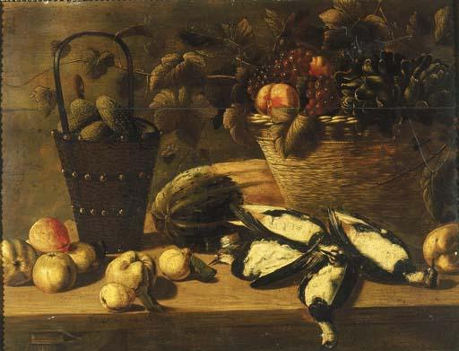 Johannes Kuveenis I - Grapes, peaches and artichokes in a basket with gherkins in a bucket, a melon, dead pigeons, apples and pears on wooden table
