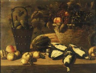 Johannes Kuveenis I - Grapes, peaches and artichokes in a basket with gherkins in a bucket, a melon, dead pigeons, apples and pears on wooden table