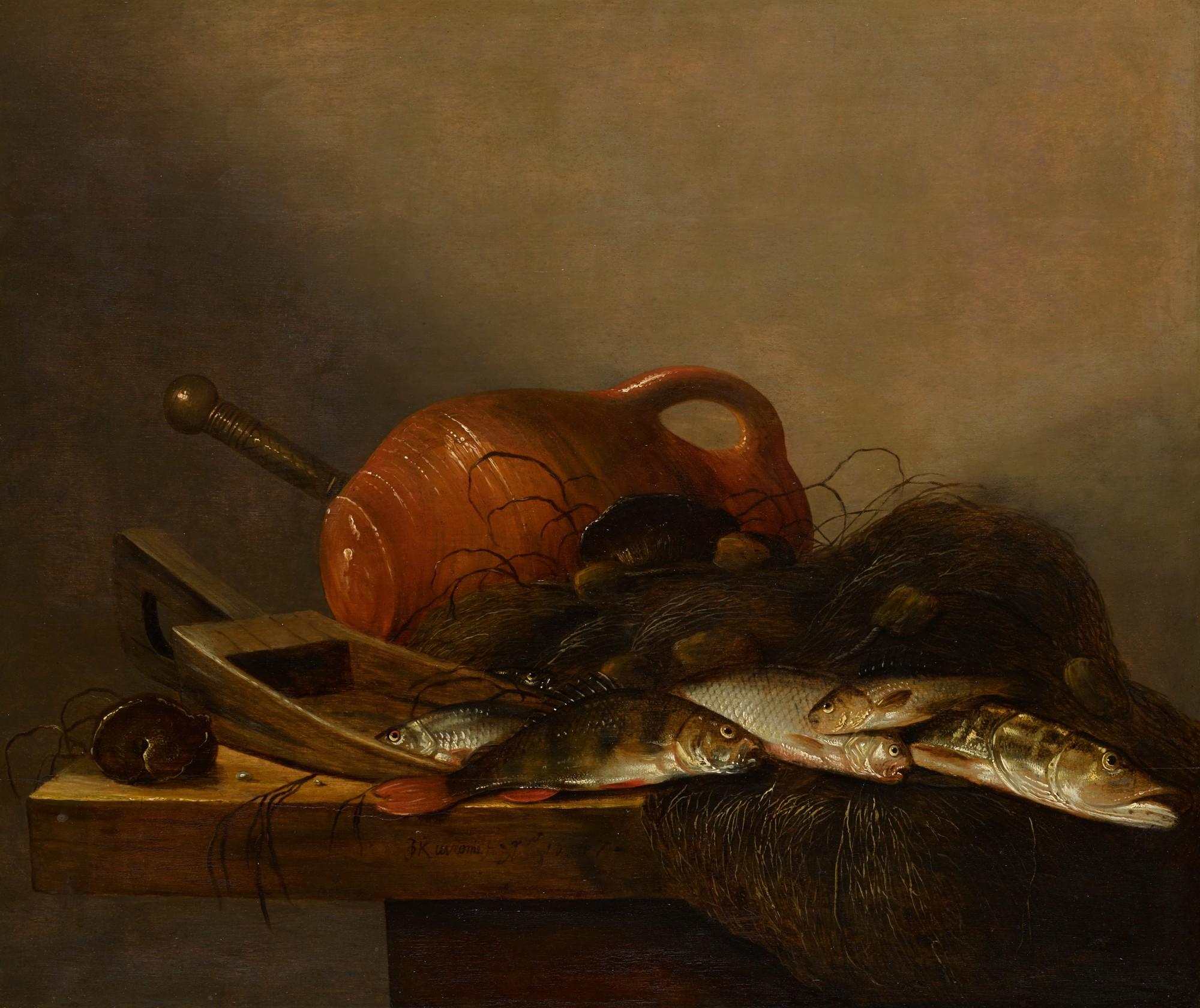 Johannes Kuveenis (I) - Still Life With Various Fish, A Shell, An Earthenware Jug, And Other Objects, All On A Wooden Table