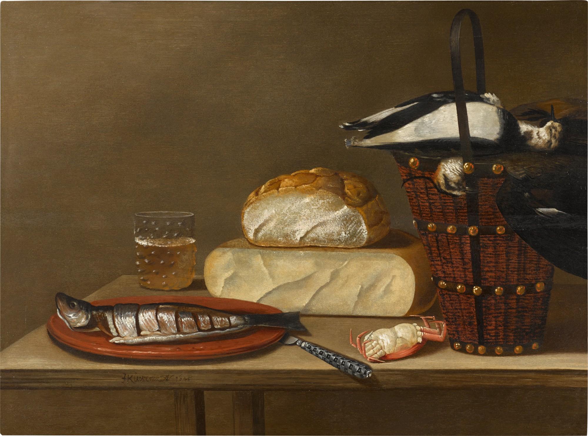Johannes Kuveenis The Elder - Still life with a herring, cheese, crab and songbirds