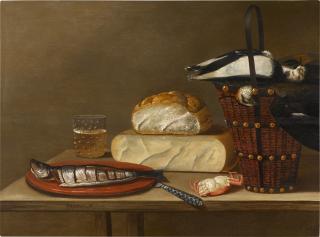 Johannes Kuveenis The Elder - Still life with a herring, cheese, crab and songbirds