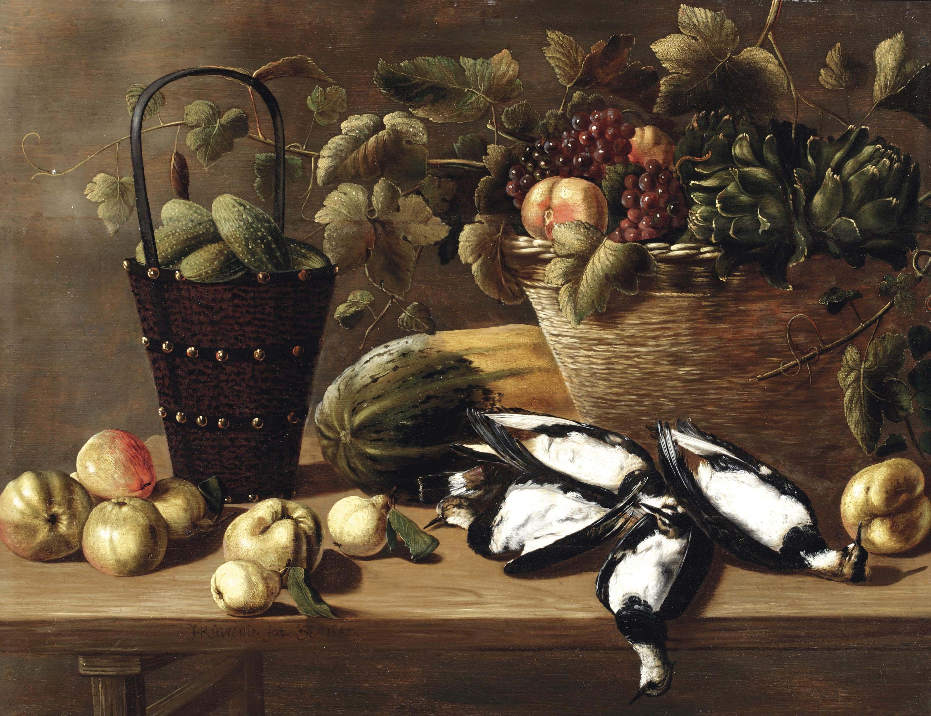 Johannes Kuveenis - Apples, pears, a melon, a bucket with gherkins and a basket with grapes, peaches and artichokes, all on a wooden table with four lapwings