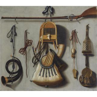Johannes Leemans - A Trompe L\'Oeil Hunting Still Life With A Rifle, A Bird In A Cage, A Hunting Horn, A Bird-Whistle And Other Hunting Gear