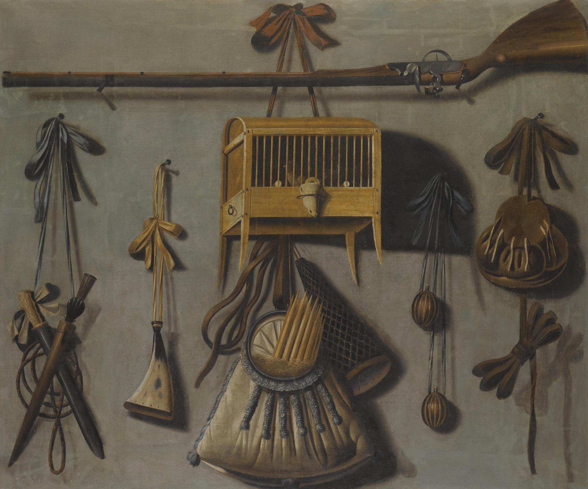 Johannes Leemans - A Trompe L\'Oeil Still Life Of A Bird-Cage With Hunting Paraphernalia