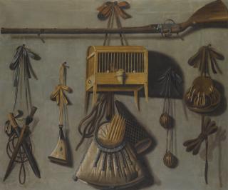Johannes Leemans - A Trompe L\'Oeil Still Life Of A Bird-Cage With Hunting Paraphernalia