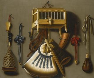 Johannes Leemans - A Trompe L\'Œil Still Life Of Hunting Equipment And A Caged Bird Hanging From A Wall