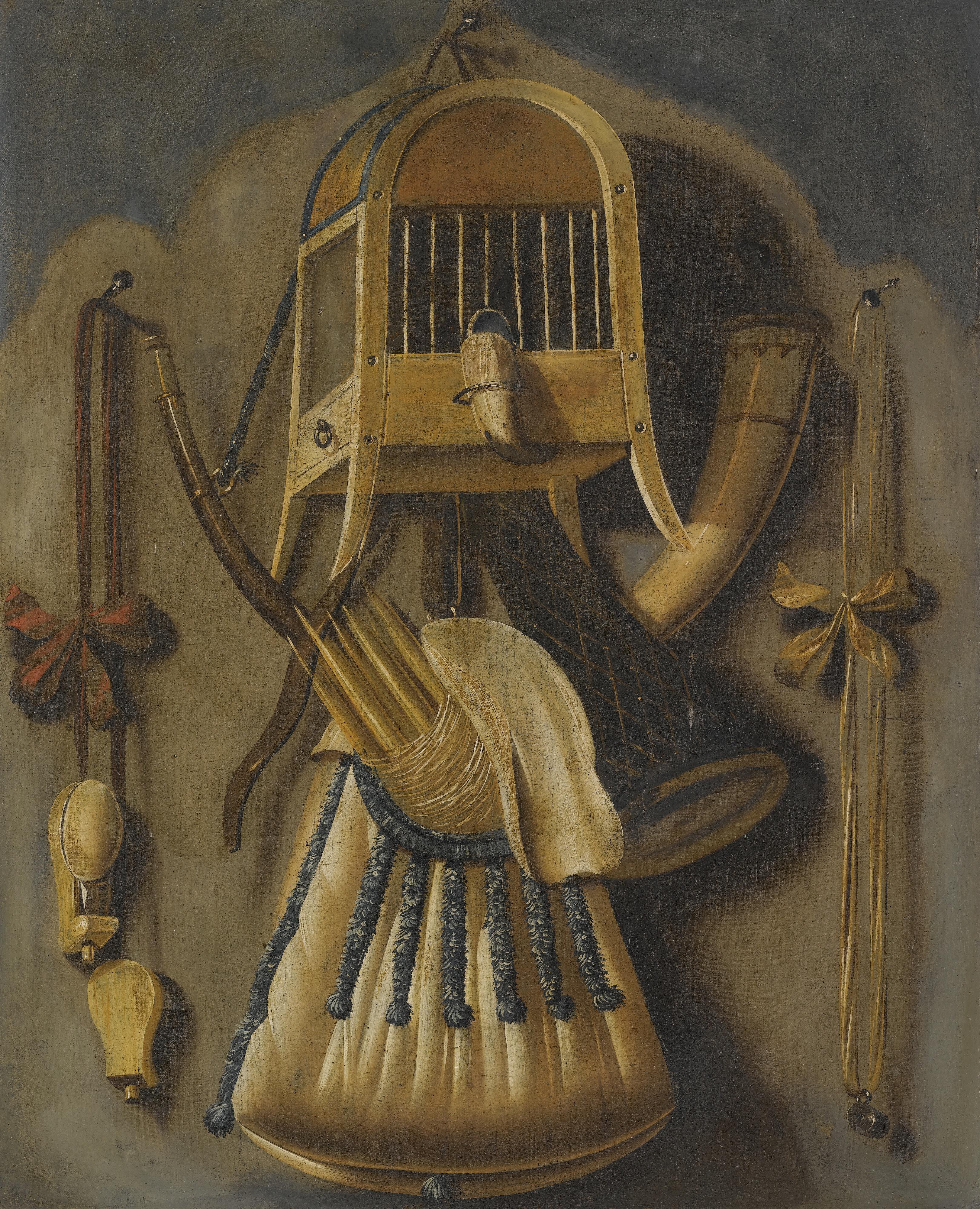 Johannes Leemans - A Trompe L\'Oeil Still Life With A Bird Cage, A Hunting Horn, A Bird Whistle, And Other Hunting Implements Hanging On A Wall