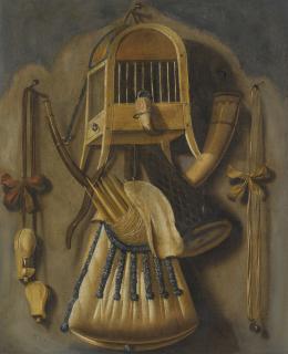 Johannes Leemans - A Trompe L\'Oeil Still Life With A Bird Cage, A Hunting Horn, A Bird Whistle, And Other Hunting Implements Hanging On A Wall