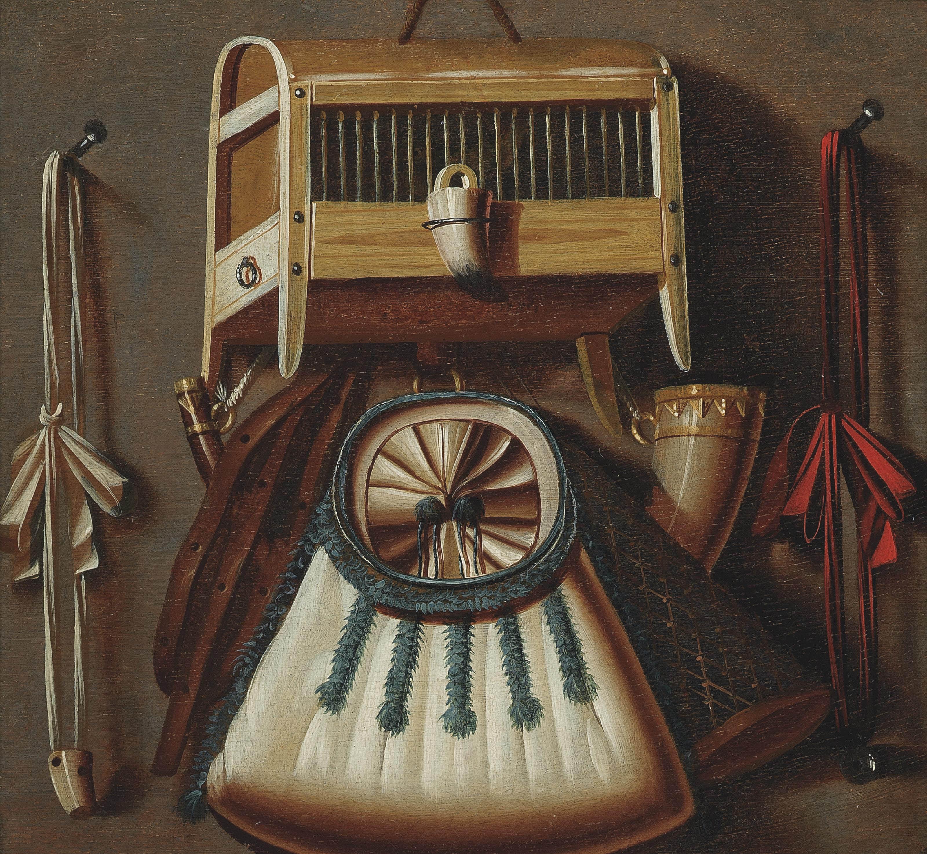 Johannes Leemans - A trompe l\'oeil still life with a bird cage, a hunting horn and other hunting equipment hanging on a wall