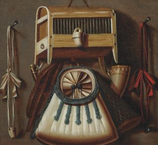 Johannes Leemans - A trompe l\'oeil still life with a bird cage, a hunting horn and other hunting equipment hanging on a wall