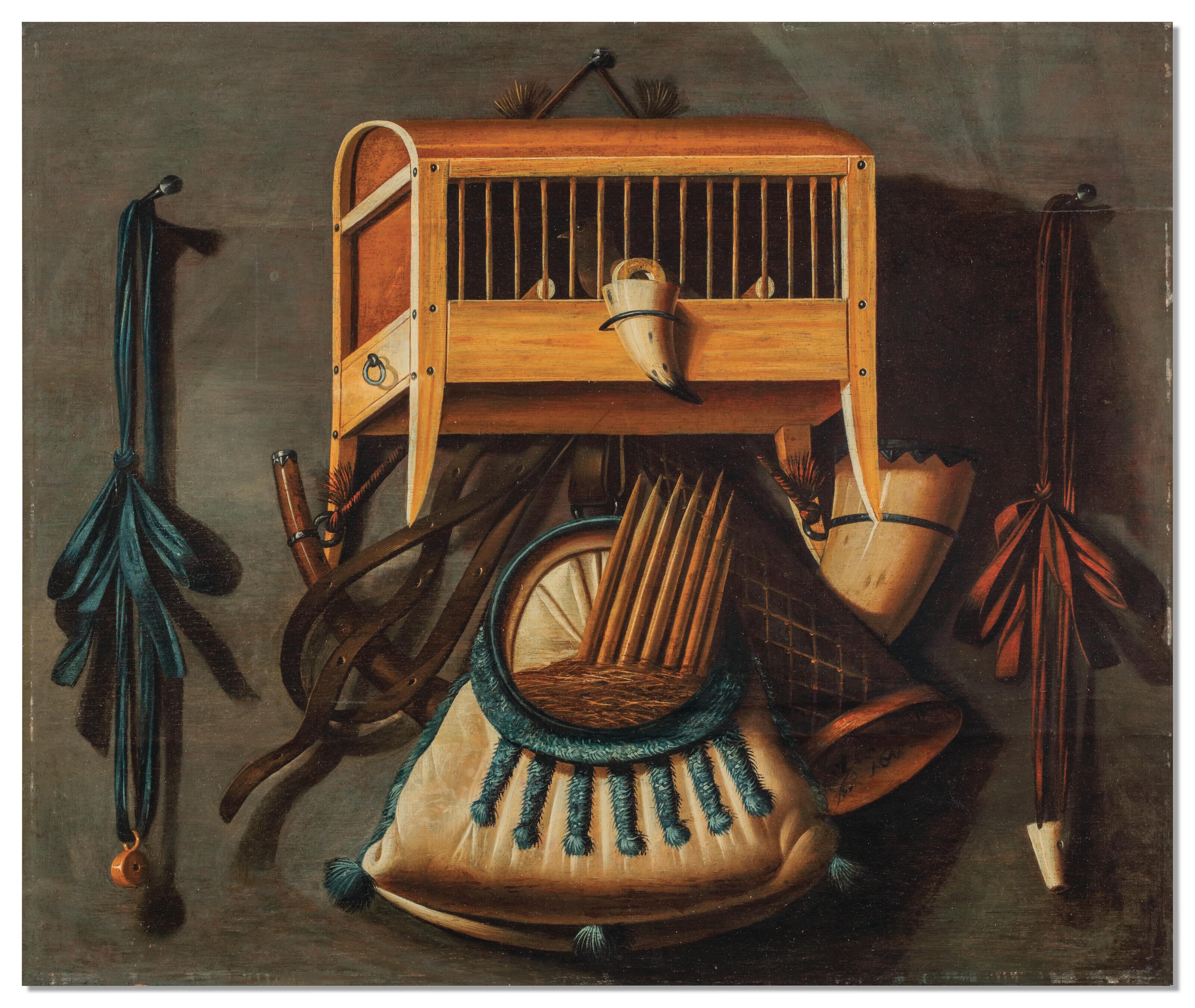 Johannes Leemans - A trompe l\'oeil still life with a bird in a cage, a bird whistle, hunting horns and other hunting implements hanging on a wall