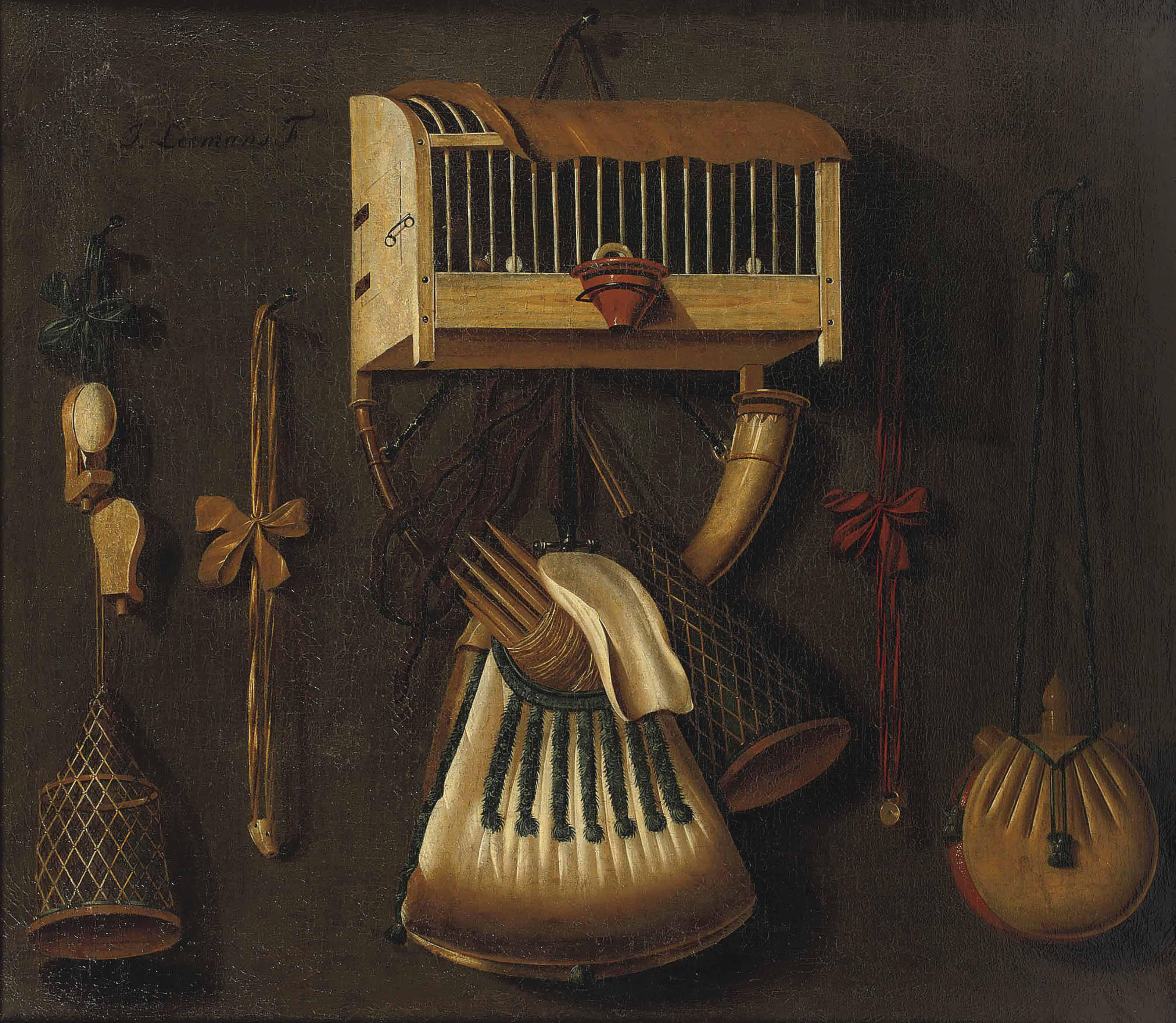 Johannes Leemans - A \'trompe l\'oeil\' still life with a bird in a cage, a hunting horn, a bird whistle, and other hunting implements hanging on a wall