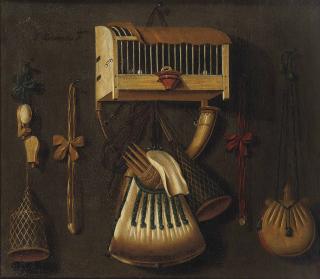 Johannes Leemans - A \'trompe l\'oeil\' still life with a bird in a cage, a hunting horn, a bird whistle, and other hunting implements hanging on a wall