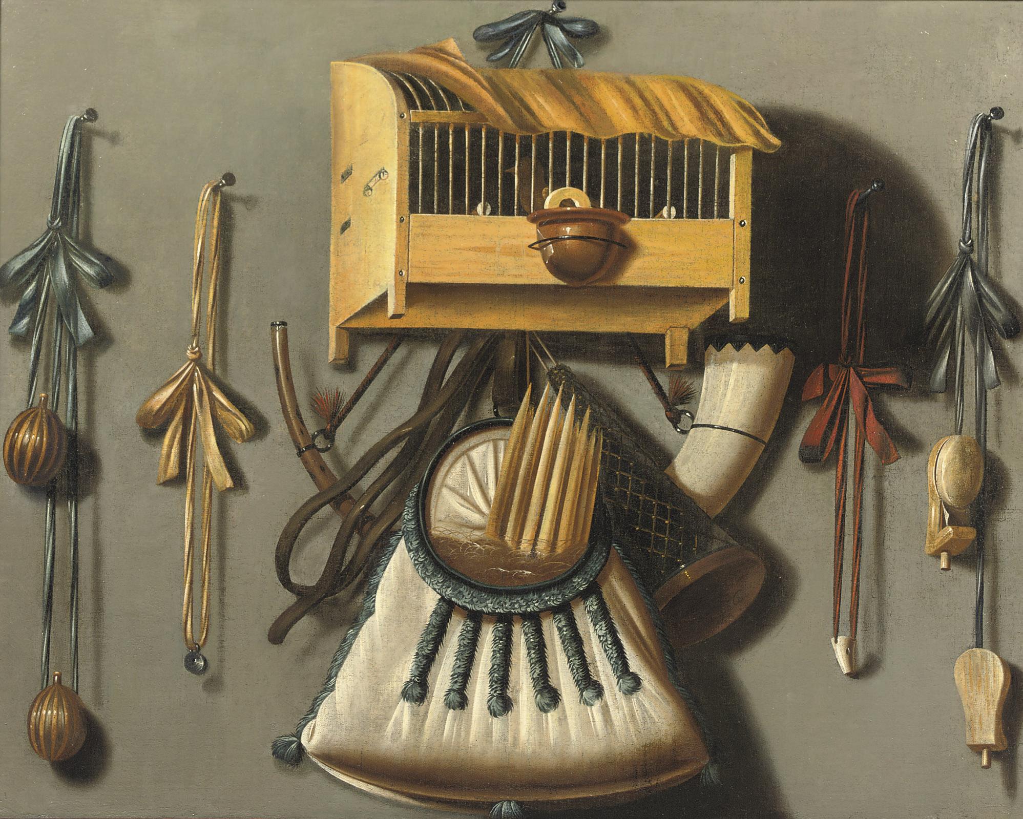 Johannes Leemans - A trompe l\'oeil still life with a bird in a cage, a hunting horn, bird-whistle, and other hunting implements hanging on a wall