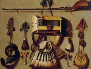 Johannes Leemans - A trompe l\'oeil still life with a gun, a bird in a cage, a hunting horn, gun powder, and other hunting implements hanging on a wall