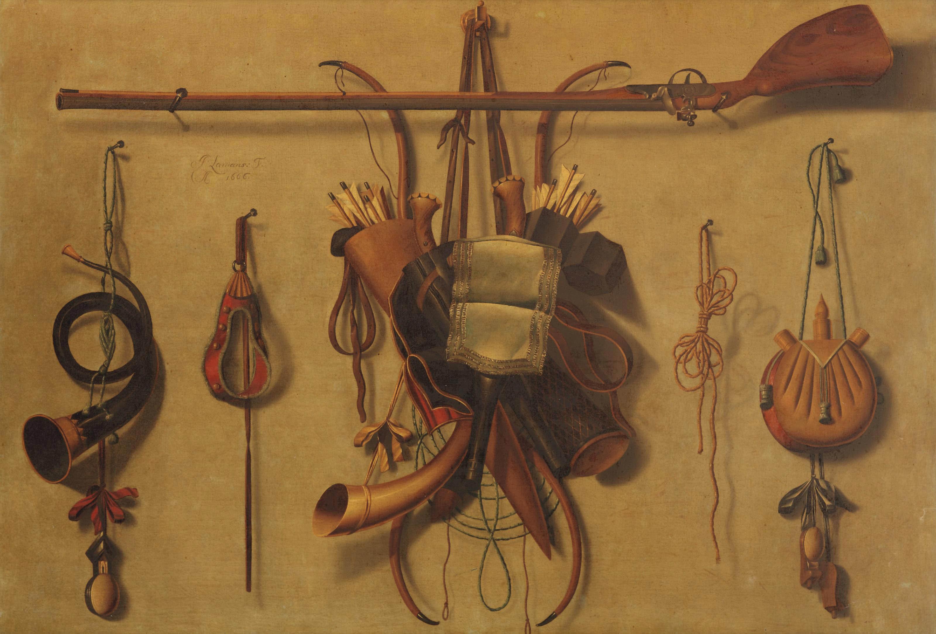 Johannes Leemans - A \'trompe l\'oeil\' still life with hunting paraphernalia hanging on a wall
