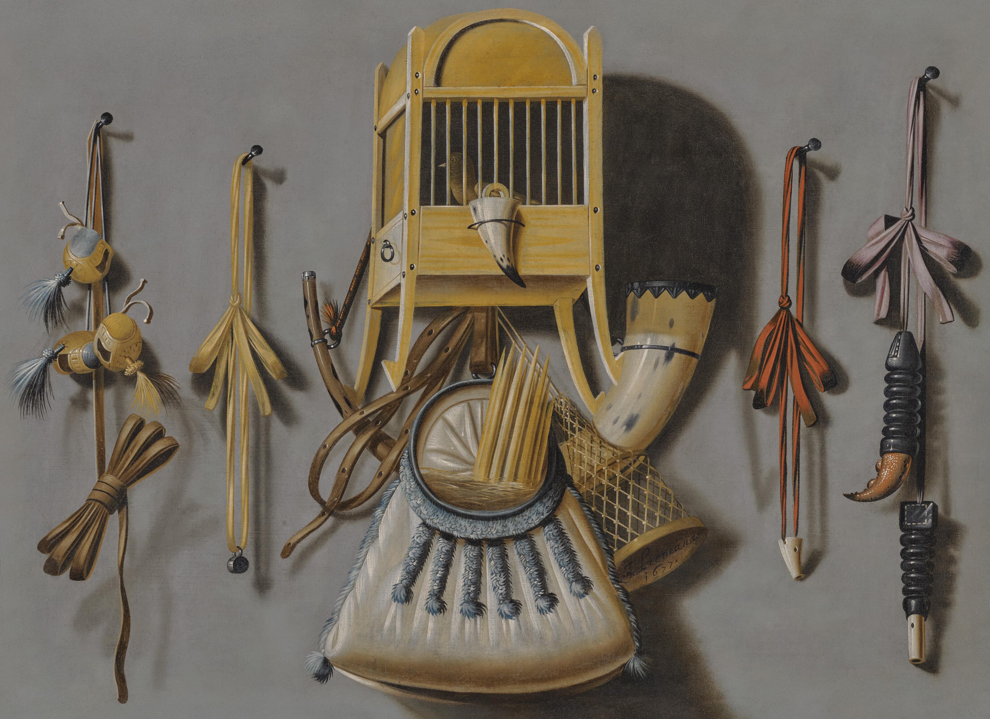 Johannes Leemans - A trompe l\'oeil with a birdcage, a hunting horn and bag, gunpowder horns, bird of prey hoods and other hunting equipment