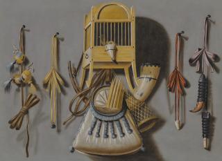 Johannes Leemans - A trompe l\'oeil with a birdcage, a hunting horn and bag, gunpowder horns, bird of prey hoods and other hunting equipment