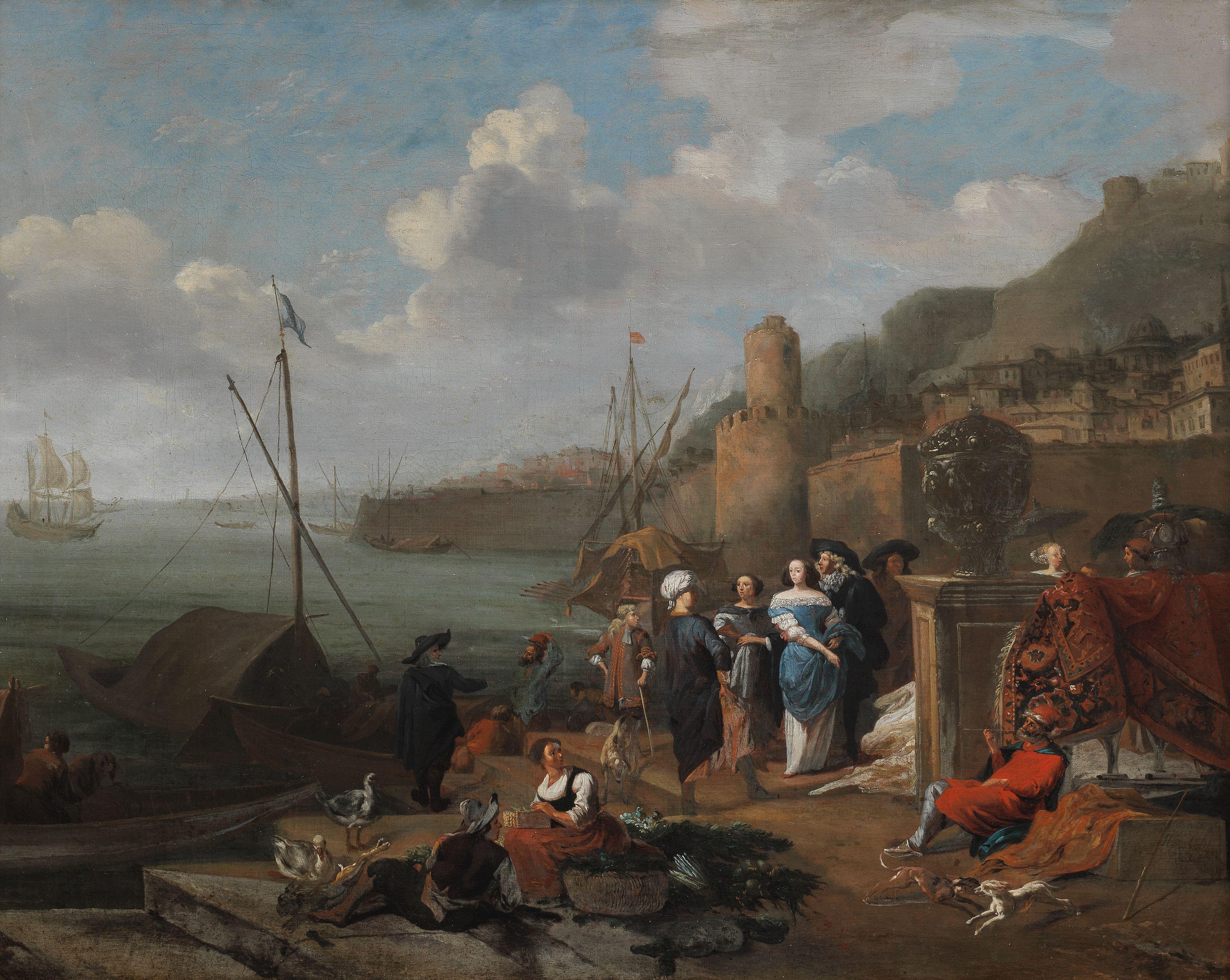 Johannes Lingelbach - A Mediterranean harbour with elegant figures and merchants on the quayside