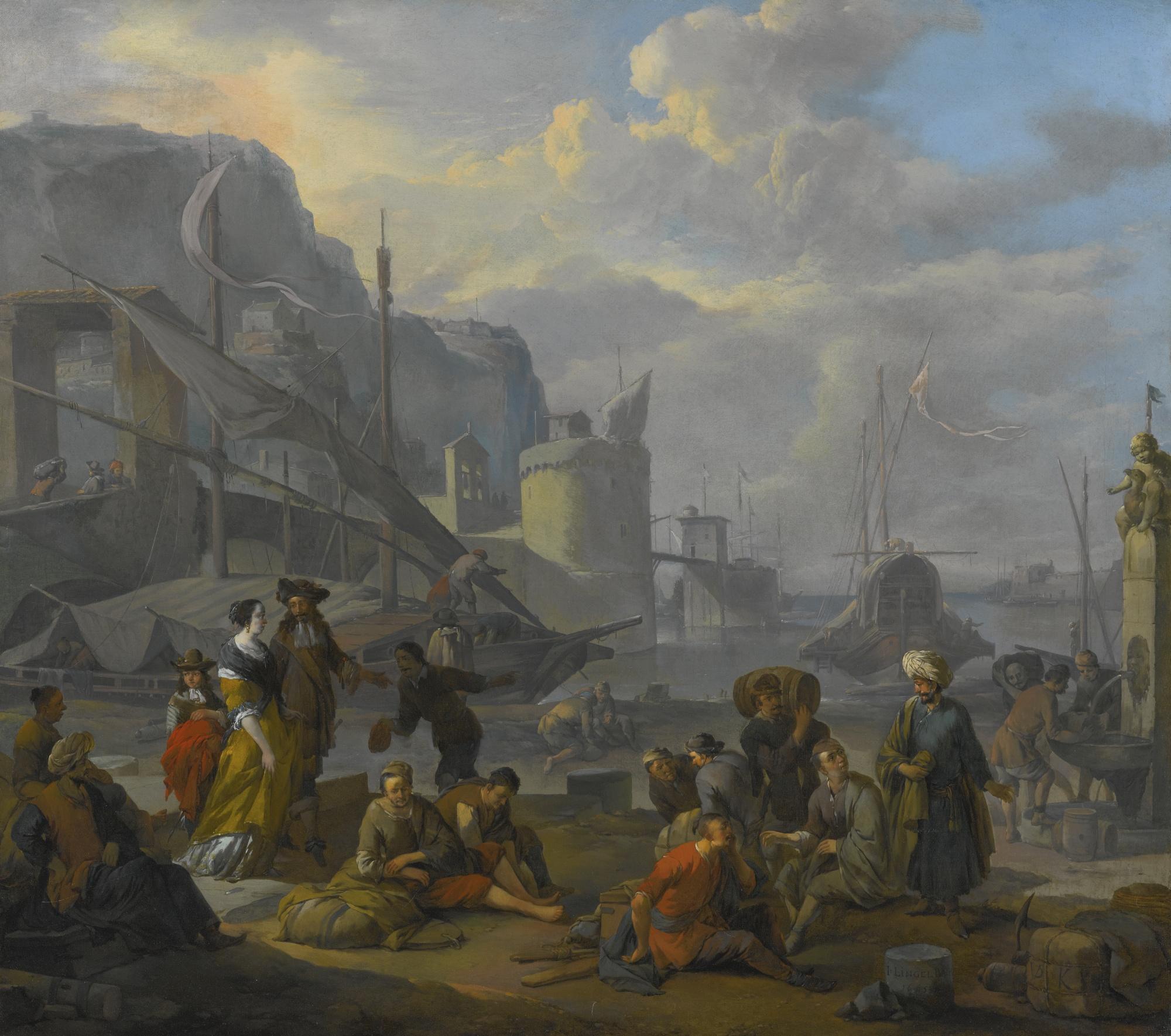 Johannes Lingelbach - A Mediterranean Port With An Elegant Couple, Travelers And Merchants Resting By The Quay