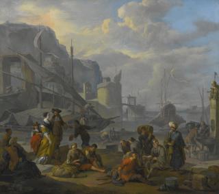 Johannes Lingelbach - A Mediterranean Port With An Elegant Couple, Travelers And Merchants Resting By The Quay