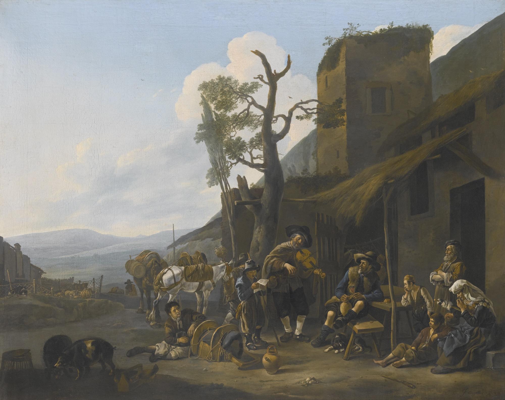 Johannes Lingelbach - A Southern Landscape With A Violinist Entertaining Revellers Outside A Tavern
