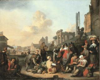 Johannes Lingelbach - An elegant couple walking through a market in the Piazza del Popolo, Rome