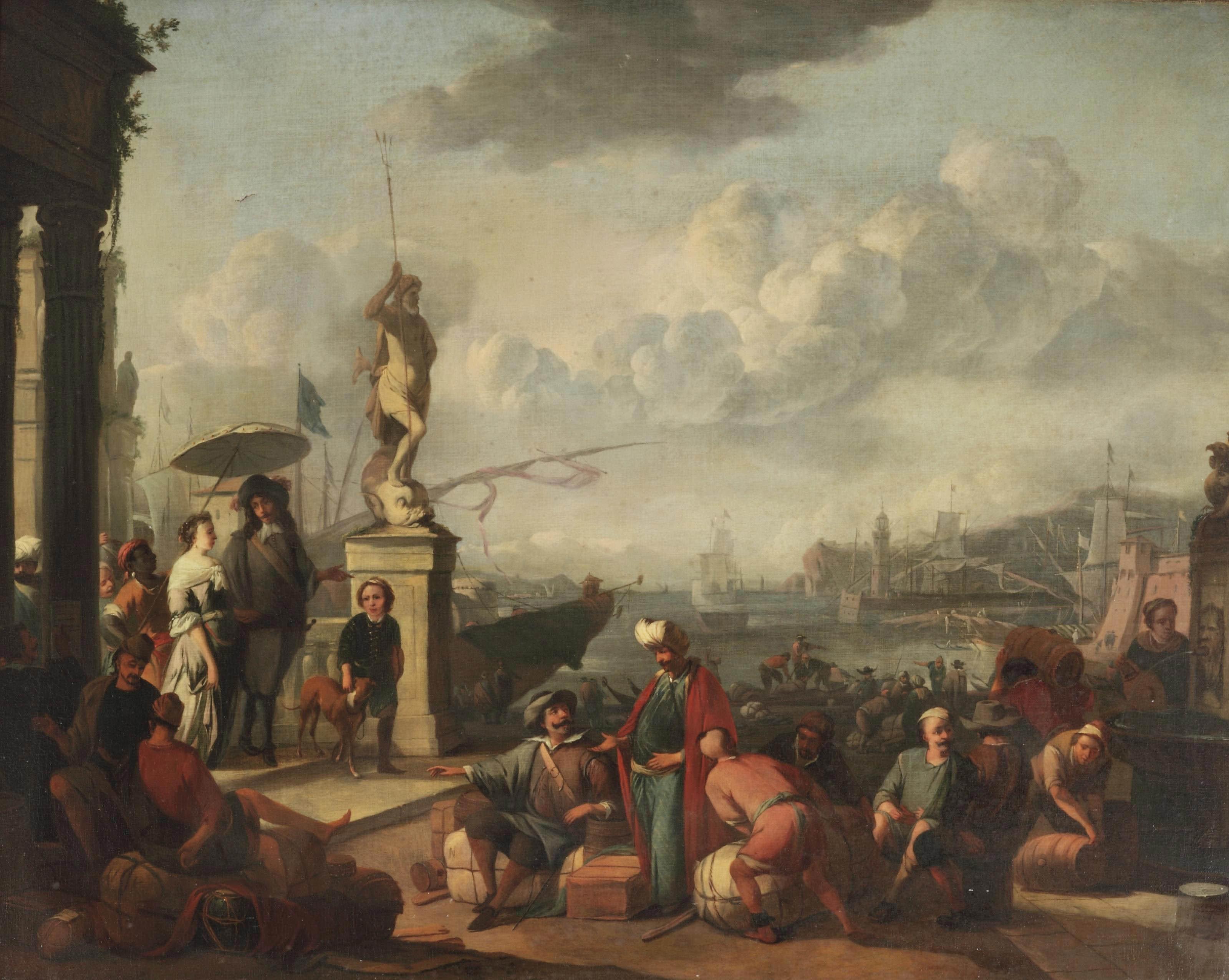 Johannes Lingelbach - An Italianate harbour with an elegant couple promenading near a statue of Neptune, and workmen unloading the docks