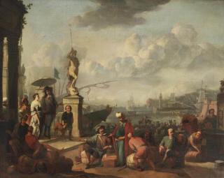 Johannes Lingelbach - An Italianate harbour with an elegant couple promenading near a statue of Neptune, and workmen unloading the docks