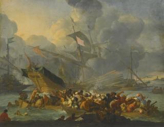 Johannes Lingelbach - Battle Of Lepanto, 1571, With A Crowded Rowing Boat And Men Struggling To Shore In The Foreground