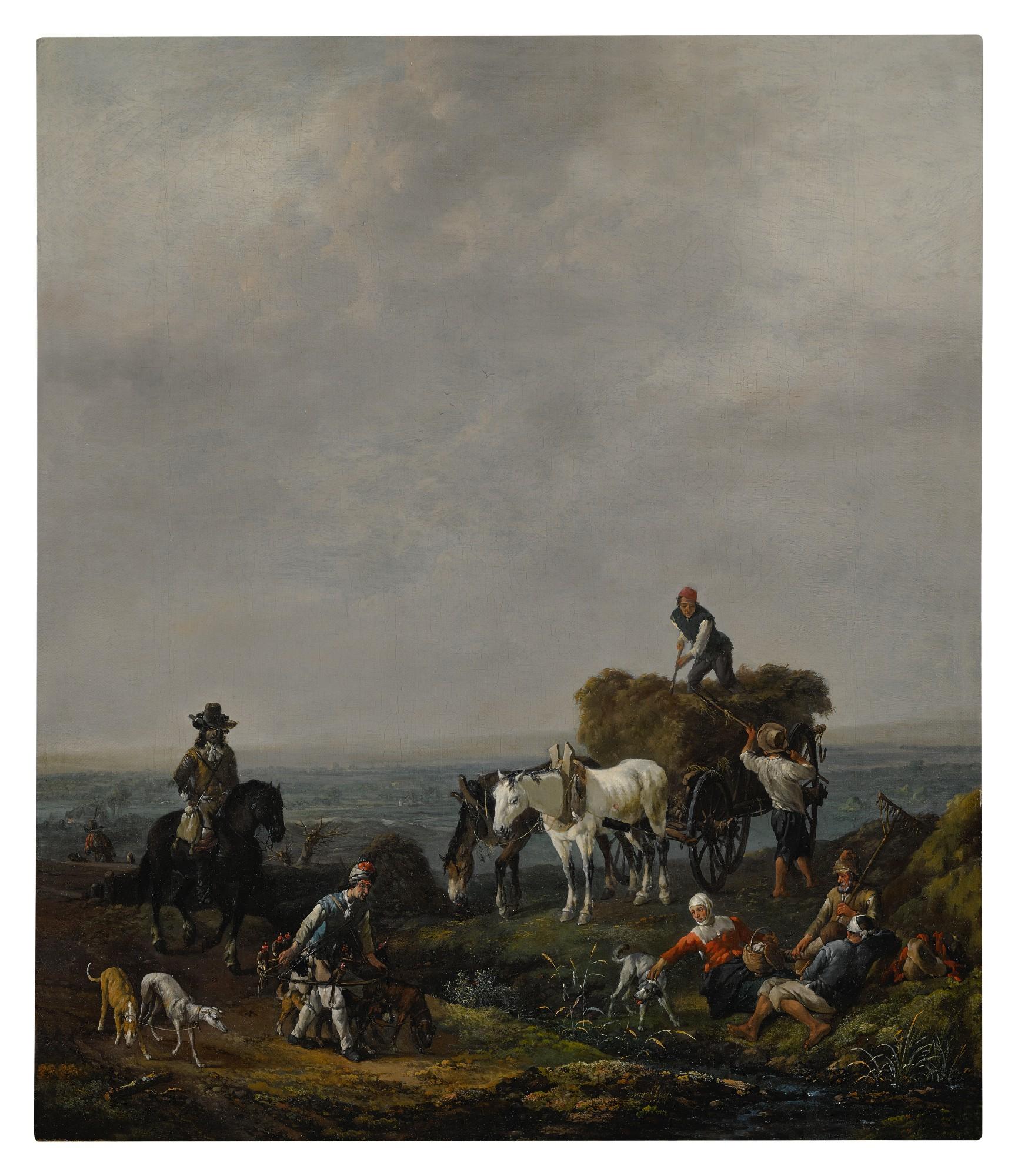 Johannes Lingelbach - Falconers on a path with harvesters loading hay onto a wagon nearby, a valley beyond, at dusk