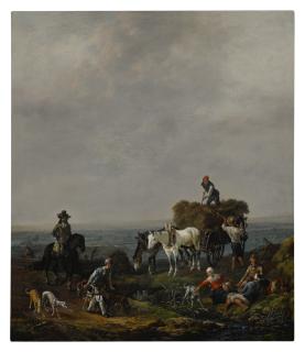 Johannes Lingelbach - Falconers on a path with harvesters loading hay onto a wagon nearby, a valley beyond, at dusk