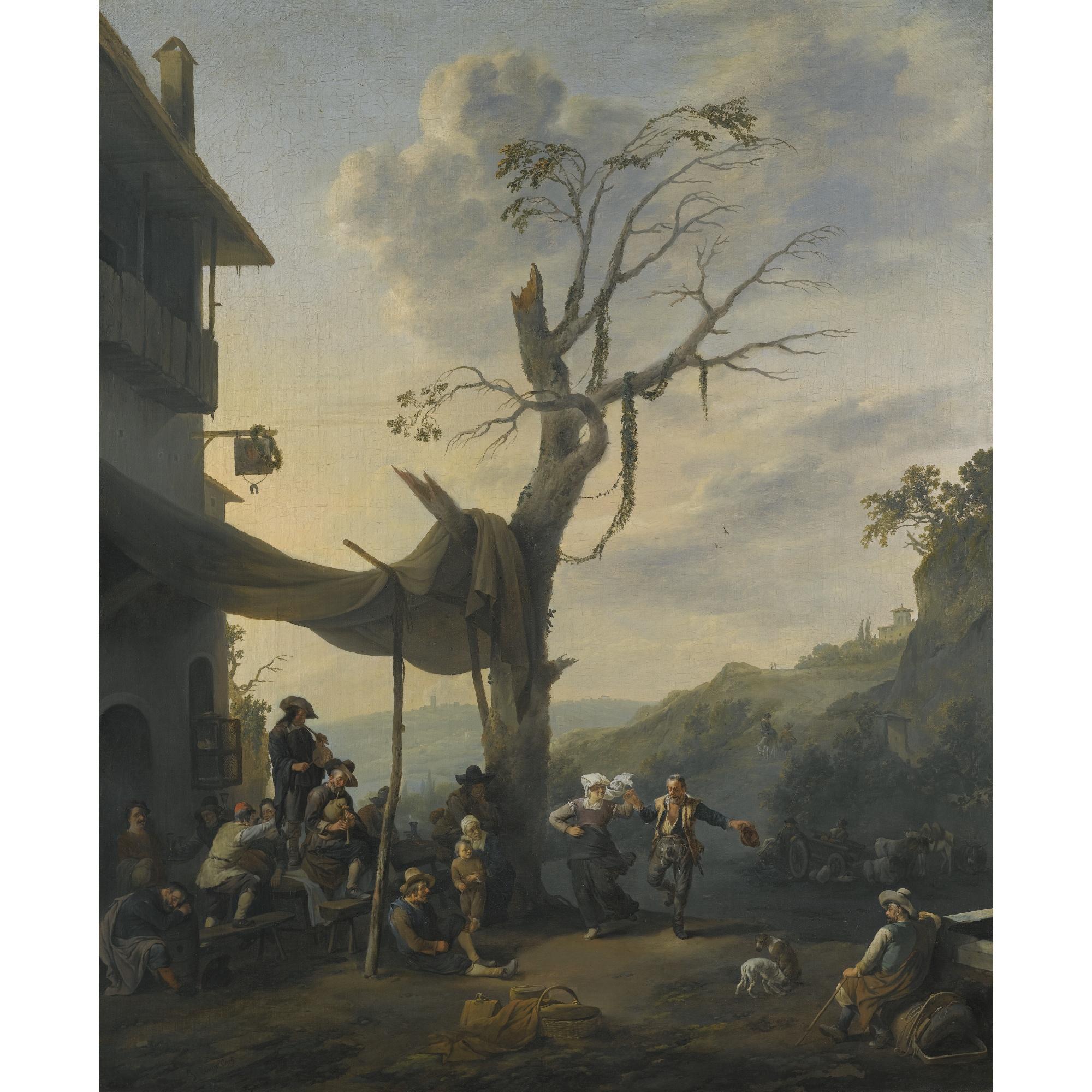 Johannes Lingelbach - Peasants Dancing The Tarantella Outside An Inn In A Hilly Italianate Landscape