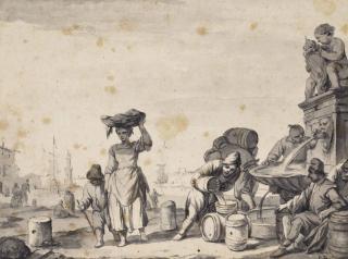 Johannes Lingelbach - View of a Mediterranean port with figures filling barrels from a fountain